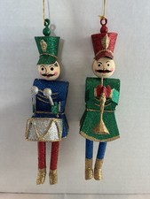 Vintage Pier 1 Imports Tin Toy Soldier Christmas Ornaments Glitter Moving Legs 2 picture