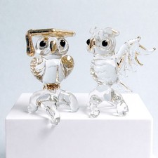 2 X Hand Blown Glass Owl Figurine Bird Décor Collectible Crystal Gold Tripped picture
