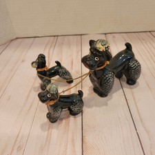 Vintage Poodle Family Mama with Two Puppies on Chain Leashes Black MCM Japan picture