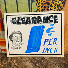 VINTAGE C. 1950 GROCERY HARDWARE CLEARANCE SIGN COMICAL COMEDY FUNNY MAN CAVE picture