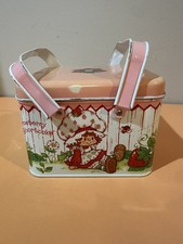 Vintage Strawberry Shortcake Metal Tin Lunch Box Carry Case Pink Handles 1980s picture
