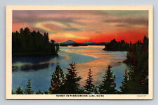 c1933 Linen Postcard Pemadumcook Lake MA Massachusetts Sunset on the Lake picture