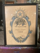 1961 City of El Paso Conquistador Honor Certificate Framed 10x13 Texas History picture