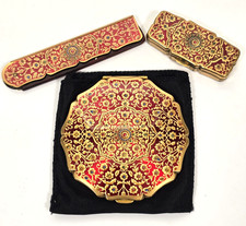 VINTAGE STRATTON VANITY SET COMPACT PILL BOX COMB INDIAN JEWEL FLORAL RED GOLD picture