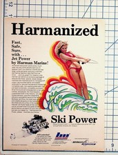 Vintage 1977 Harman Marine Jet Power Ski Boat Engine Ad Bikini Woman Waterskiing picture