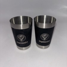 Jagermeister Shot Glasses Set of 2 Stainless Steel Black Silver Logo 2.5 oz picture
