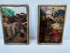 Vtg Peru Reverse Painted Glass Folk Art Pair Miniature Country Scenes 5x3.25