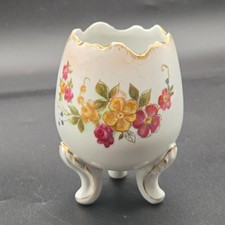 Porcelain Cracked Egg Vase 3 Footed Hand Painted Floral Gold Trim Vintage picture