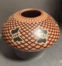 Vintage Latin American Handpainted Terra Cotta Art Vase Geometric W Butterfly  picture