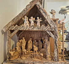 Large 22 Piece Wood Carved 10 Inch Scale Nativity Set & Stable Wise Men Jesus picture