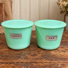 Vintage McKee Jadeite Coffee & Tea Canisters With Lids Uranium Glass 5” picture