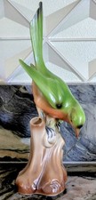 German Porcelain Green Songbird Bud Vase Tree Stump Figurine Vtg Germany 1930's picture