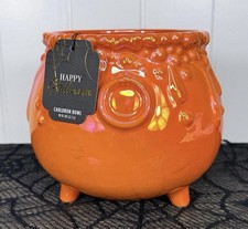 🧡🖤NWT Happy Halloween Orange Iridescent Ceramic Witch’s Cauldron Candy Bowl picture