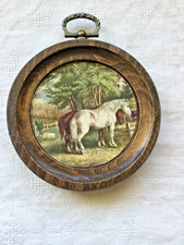 VTG Wooden Round Wall Plaque with Horses & Pig Miniature Framed Print 3.5” D picture