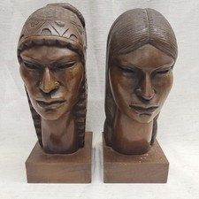 Vintage Carved Wooden Native American Style Bust Bookends Male & Female Pair picture