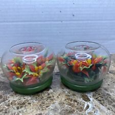Vintage Holiday Holly Glass Candle Holder 2 pc Set Made In Hong Kong picture