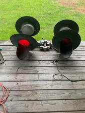 Vintage Railroad Crossing Signal Lights Pair Red Lenses Visors Hardware picture