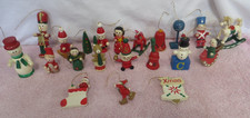 21 Vtg Wood Christmas Ornaments - Snowman, Soldier, Santa, Bell, Rocking Horse picture