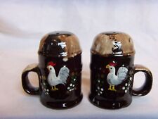 BROWN DRIP w ROOSTERS SALT & PEPPER SHAKERS SET   VINTAGE MADE IN KOREA picture