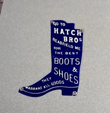 VINTAGE 12” HATCH BROS SHOES BOOTS PORCELAIN SIGN CAR OIL GAS MOTORCYCLE TRUCK picture