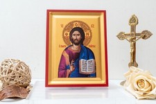 Jesus Christ Orthodox Icon Handmade on Golden Silk Canvas, Stunning Detail picture