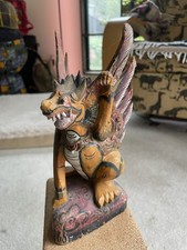Vintage 1984 Balinese Singa Winged Lion Guardian Hand Carved Wood Bali Indonesia picture