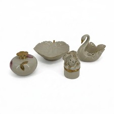 Lenox Porcelain Lot of 4 Swan Cat Trinket Box Leaf Dish Perfume Bottle Gold Trim picture