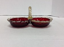 Vintage Glass Red Ruby Amber Handle Double Relish Candy Dish Bowl Scallop Edge picture