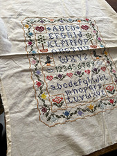 Vintage Handmade Cross Stitch Alphabet & Numbers Sampler trees crows flowers  picture