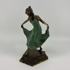Antique Art Deco Dancing Girl In Blue Dress Brass Statue Figurine picture