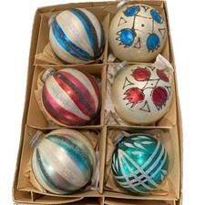 Vintage Large Christmas Ornaments Mica Hand Painted West Germany Box Set 6 picture