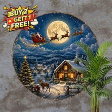 Santa Sleigh Snowy Village Round Metal Tin Sign Christmas Wall Decor 8x8 picture