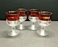 Set Of 4 Vintage Indiana Glass Kings Crown Ruby Red Rim Goblets Cordials picture