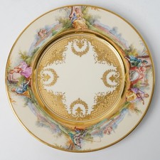 Antique KPM Sceptre Dresden Hand Painted Watteau Scene Raised Gold Plate 10.5