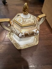 Antique Noritake M Wreath Gold Hand Painted Mustard Jar Lid Underplate Japan picture