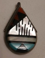Navajo ZUNI Multi-GEM TURQ Shell CORAL Inlay STERL Silver 1 &3/8