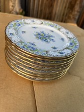 Lot of 9 Vintage Hand Painted Schumann Forget-Me-Not Gold Trim Plates 7-3/4