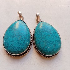 Ancient Vintage Victorian Sterling Silver Necklace 2 Pendant Engraved Turquoise picture