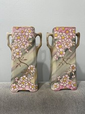 Antique Japanese Royal Nippon Nishiki Pair of Vases w/ Pink Flowers Decoration picture