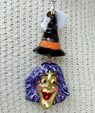 Vintage Retired Chris Radko Witch Topper Hat Green Glass Ornament 7” picture