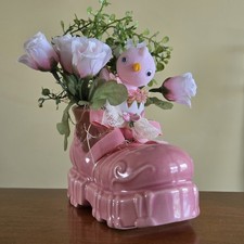 Vtg McCoy Pink Ceramic Boot Planter w Easter Spring Arrangement Roses & Chick picture