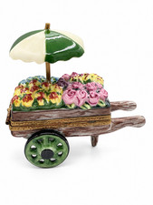 Limoges Peint Main Flower Cart Trinket Box Rare Green Umbrella picture