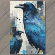 POSTCARD Blue Black Raven Crow Birds Pair Large Small Urban Grunge Modern Detail picture