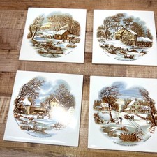 VTG Currier & Ives Winter Scene Ceramic Tile Set Of 4 Decorative Art Tiles 6