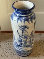 Antique Blue & White Hand-Painted Spanish Majolica Umbrella Stand/Urn, 21” Tall picture