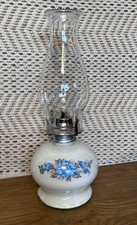 Vtg White Glass With Blue Floral Pattern Oil Lamp 14.5