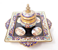 A 19th Century Antique Micro Mosaic & Enamel Inkwell with 4 Ruins & insert, 7.5