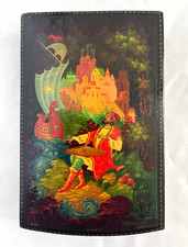 Vibrant, Vintage Russian Lacquer Hand Painted Hinged Box w/ Sadko picture