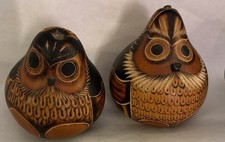 Vintage Peruvian Folk Art Hand Carved Gourd Owl Figurine Pair Rattle Set of 2 picture