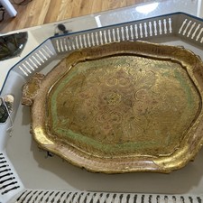 Vintage MCM Florentine Tray Platter Green Gold Italian Italy 1960s picture